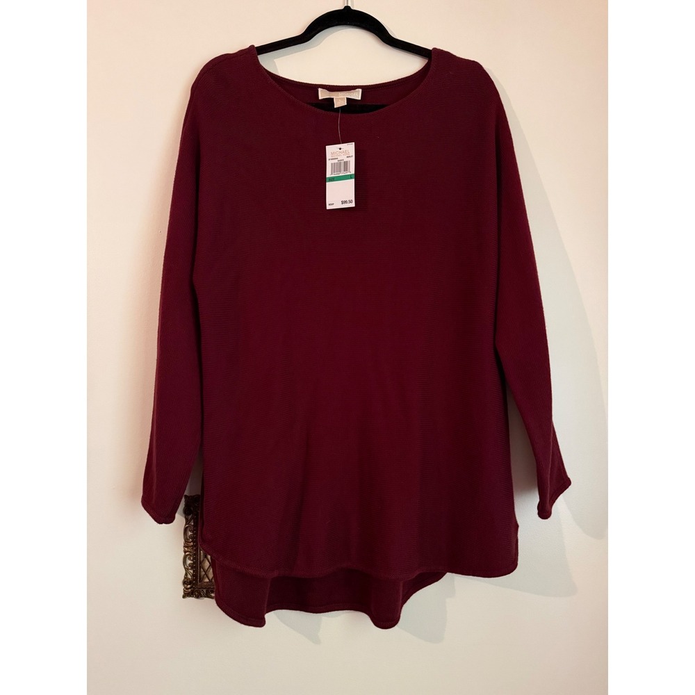 Michael Kors Merlot Burgundy Ribbed Knit Side Zip High Low Sweater Large NWT